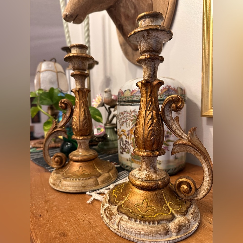 Vintage Italian Florentine Candle Holder Set Ornate